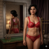 Net Bra and Panty Set Full Lace Net Non Padded Wired Extra Soft Q47 Bright Maroon Front 01