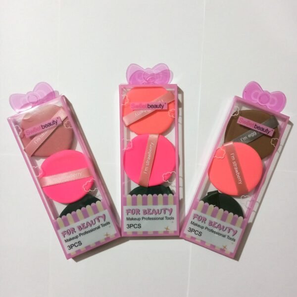 3 pcs soft round makeup puff set with ribbon strap for powder and foundation blending cosmetic sponge FP-337
