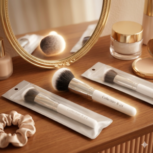 Premium flat top foundation brush with soft dense bristles and white handle for smooth makeup blending