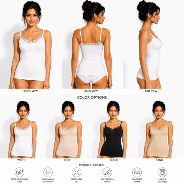 Soft blended cotton camisole tank top for women with lace neckline and adjustable straps in white, beige, black, and sand