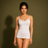 Soft blended cotton camisole tank top for women with lace neckline and adjustable straps in white, beige, black, and sand
