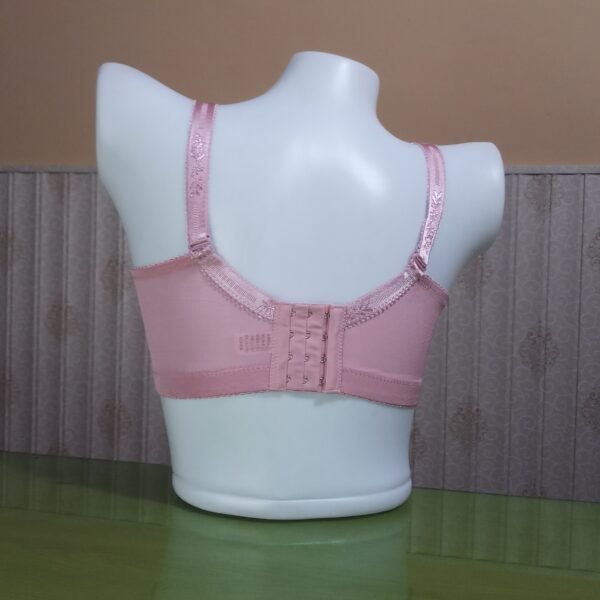 Back view showing deep U back design with four-row hook-and-eye closure.