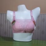 Front view of pink floral lace tube top thin padded bra on mannequin.
